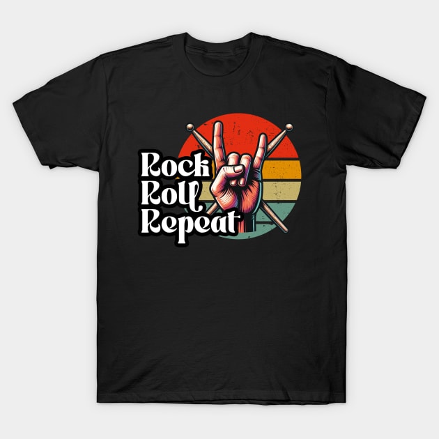 Rock Roll Repeat - Retro Drum Stick Art - Percussion Player T-Shirt by Skull Riffs & Zombie Threads